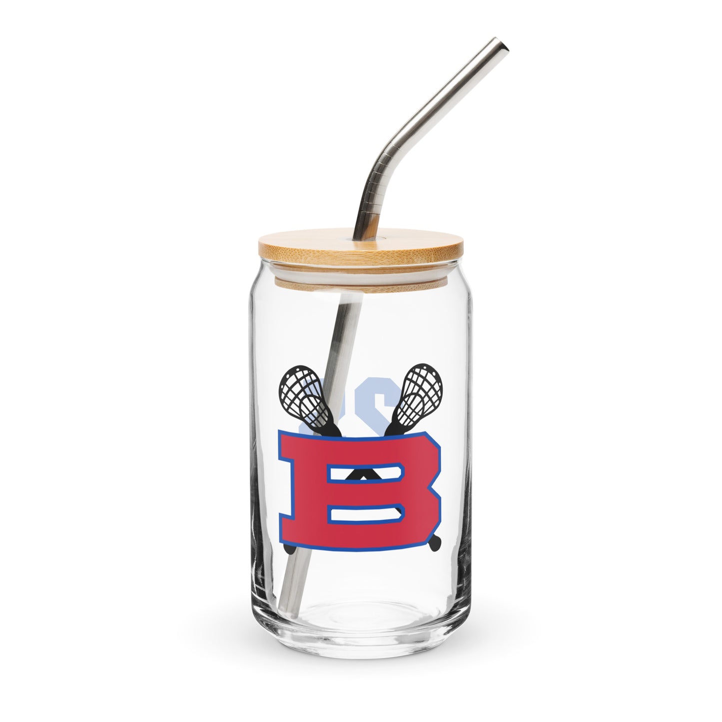 Bartlett HS Lacrosse Can-Shaped Glass w/ Lid & Straw (16 oz) - Personalized