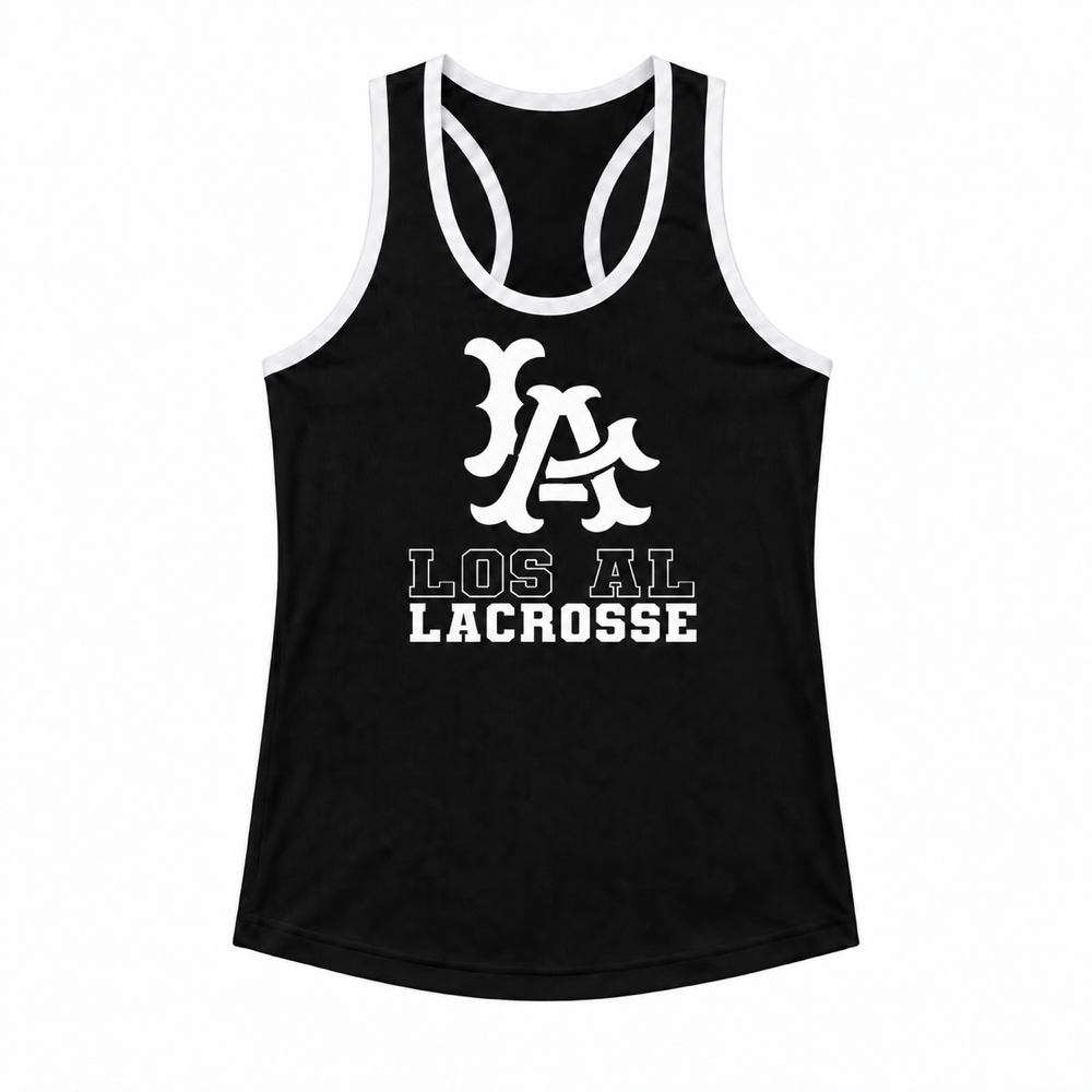 Los Al Lacrosse women’s racerback reversible pinnie — black front, solid white LA logo