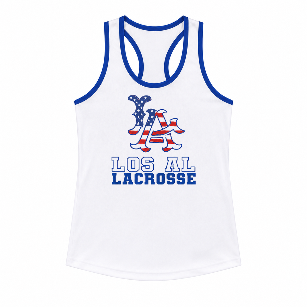 Los Al Lacrosse women’s reversible racerback pinnie, white front