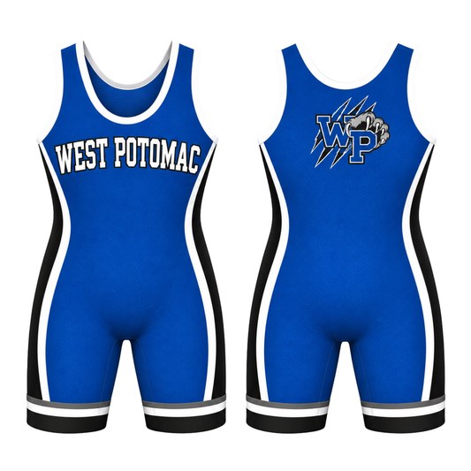 Royal Blue West Potomac wrestling singlet, front and back