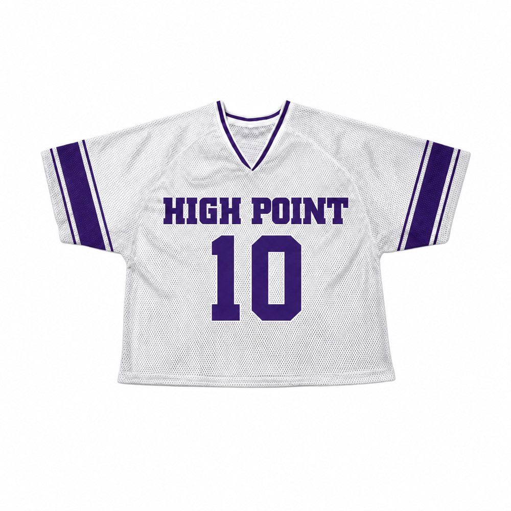 High Point lacrosse porthole jersey, white with purple accents, front view