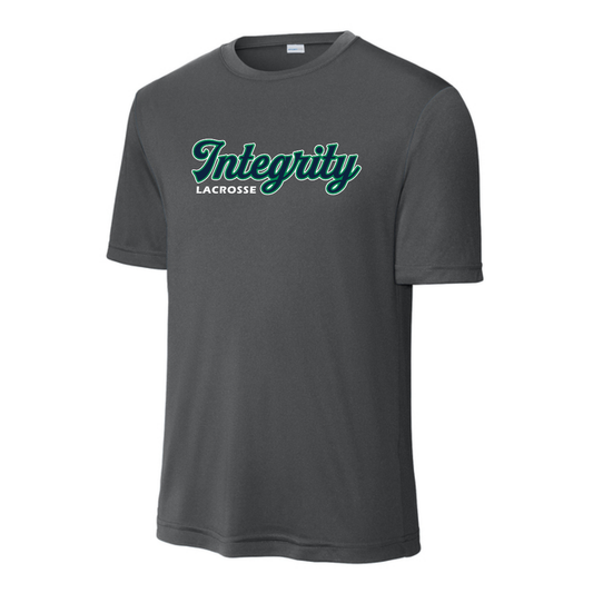 Integrity Lacrosse Sport-Tek practice tee in Iron Grey Heather with centered Integrity Lacrosse logo
