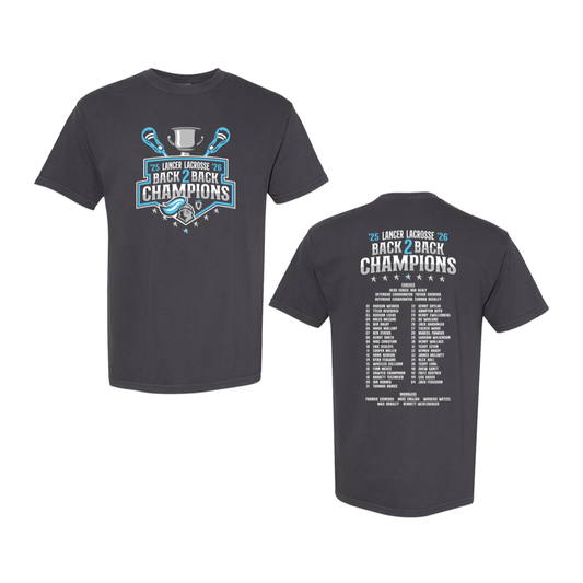 Lancer Lacrosse back-to-back championship shirt in Graphite, front and back views
