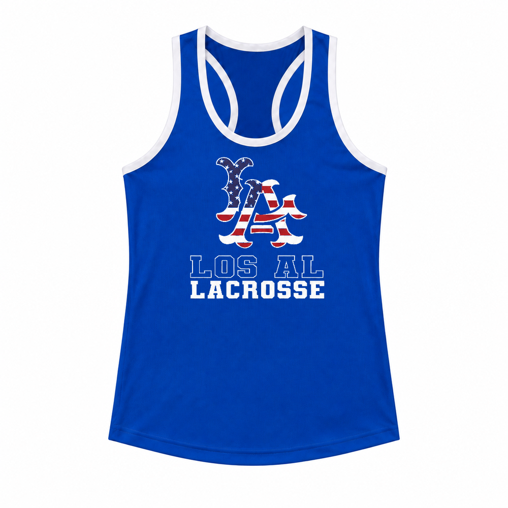 Los Al Lacrosse women’s reversible racerback pinnie, deep royal front
