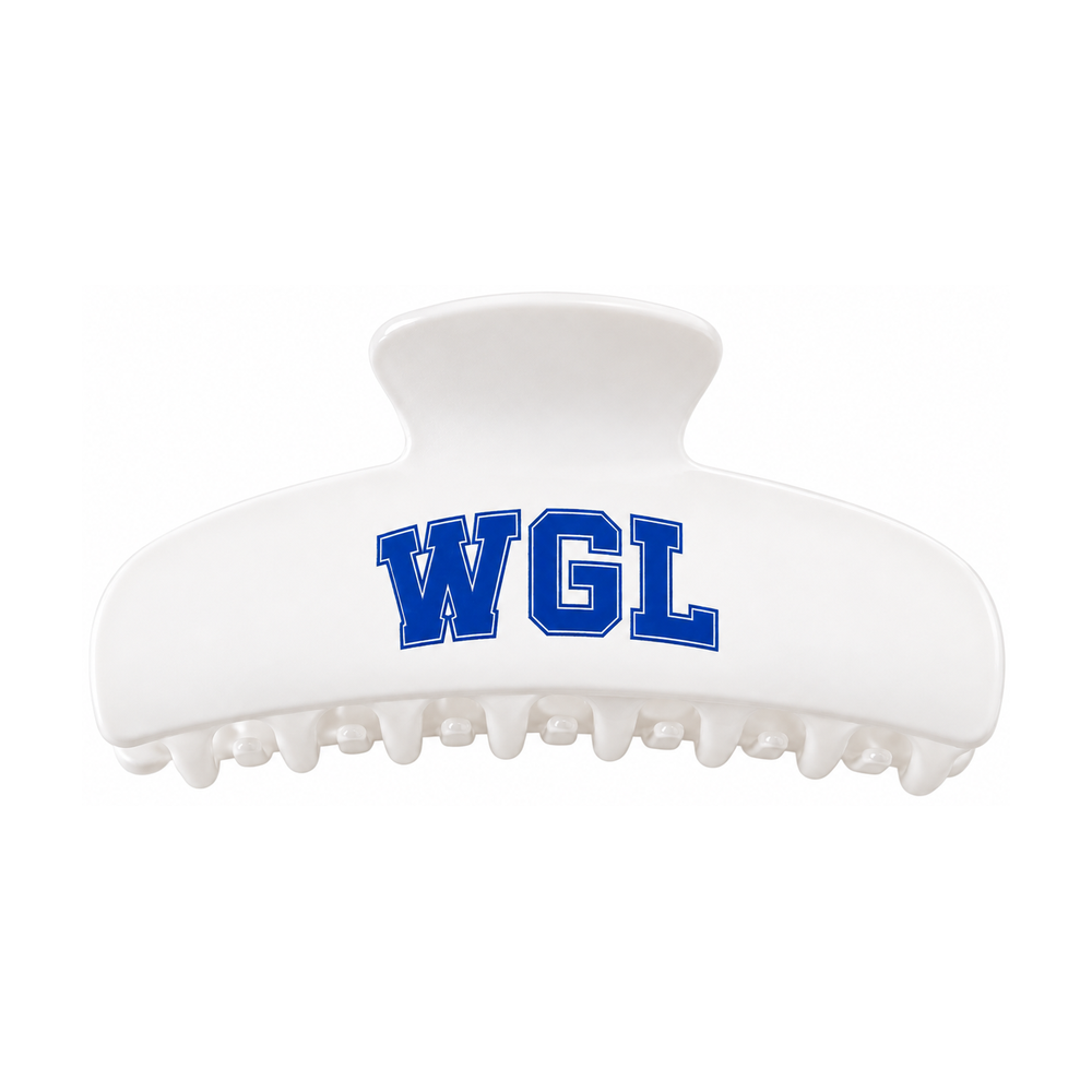 One white acetate claw hair clip with blue WGL lettering