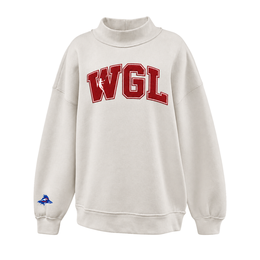 Cream adult Juliet mockneck with WGL tackle twill and embroidered wrist roadrunner