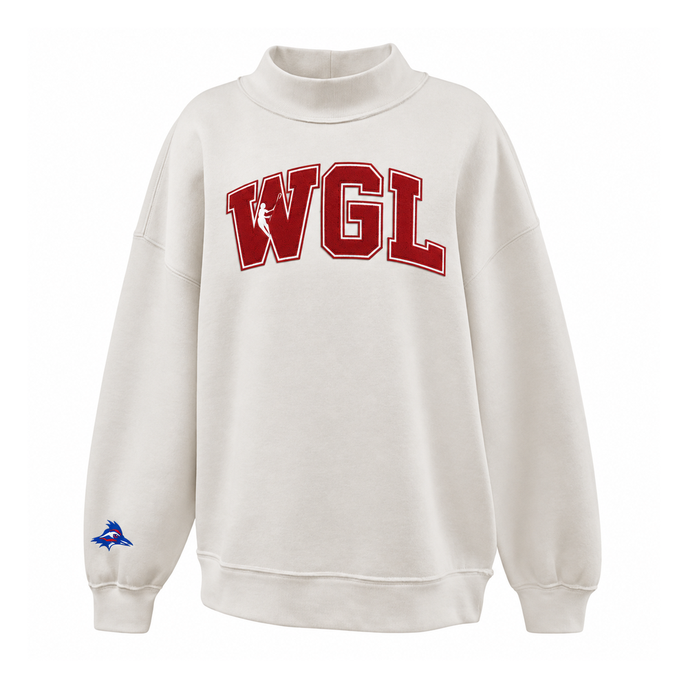 Cream youth mockneck with WGL tackle twill chest design and embroidered Westlake roadrunner at the wrist