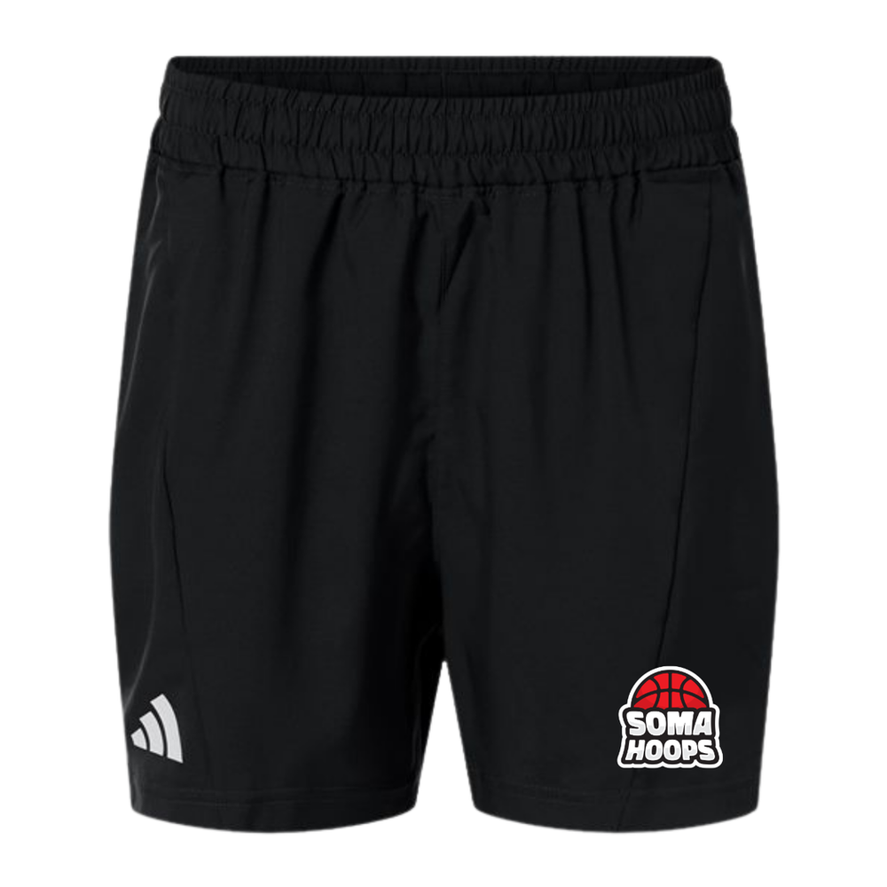 Black and white men's Adidas D4T woven shorts with SOMA Hoops left-thigh decoration