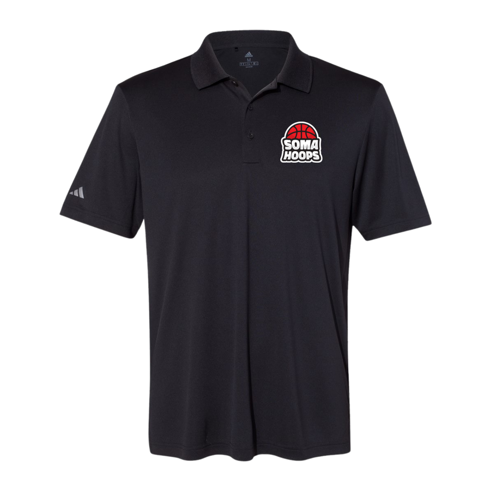 Black men's Adidas performance polo with SOMA Hoops left-chest embroidery