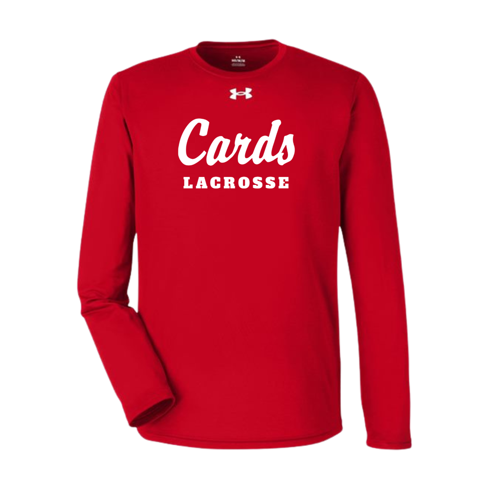 Red Under Armour Men's Team Tech Long-Sleeve T-Shirt with Cards Lacrosse script