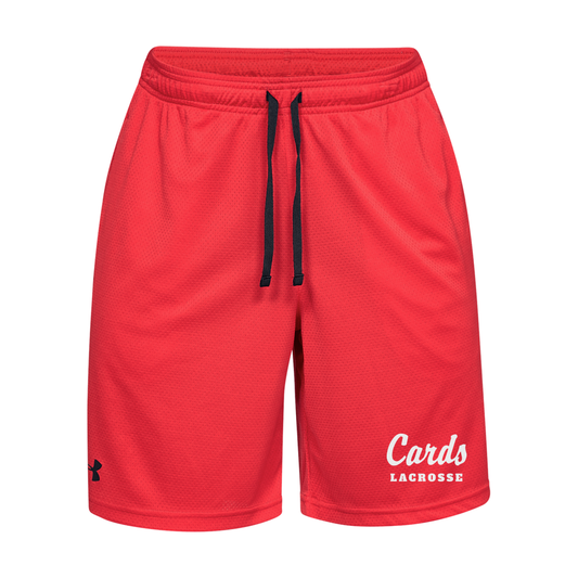 Red Under Armour Men's Tech Mesh 9-inch Shorts with Cards Lacrosse script
