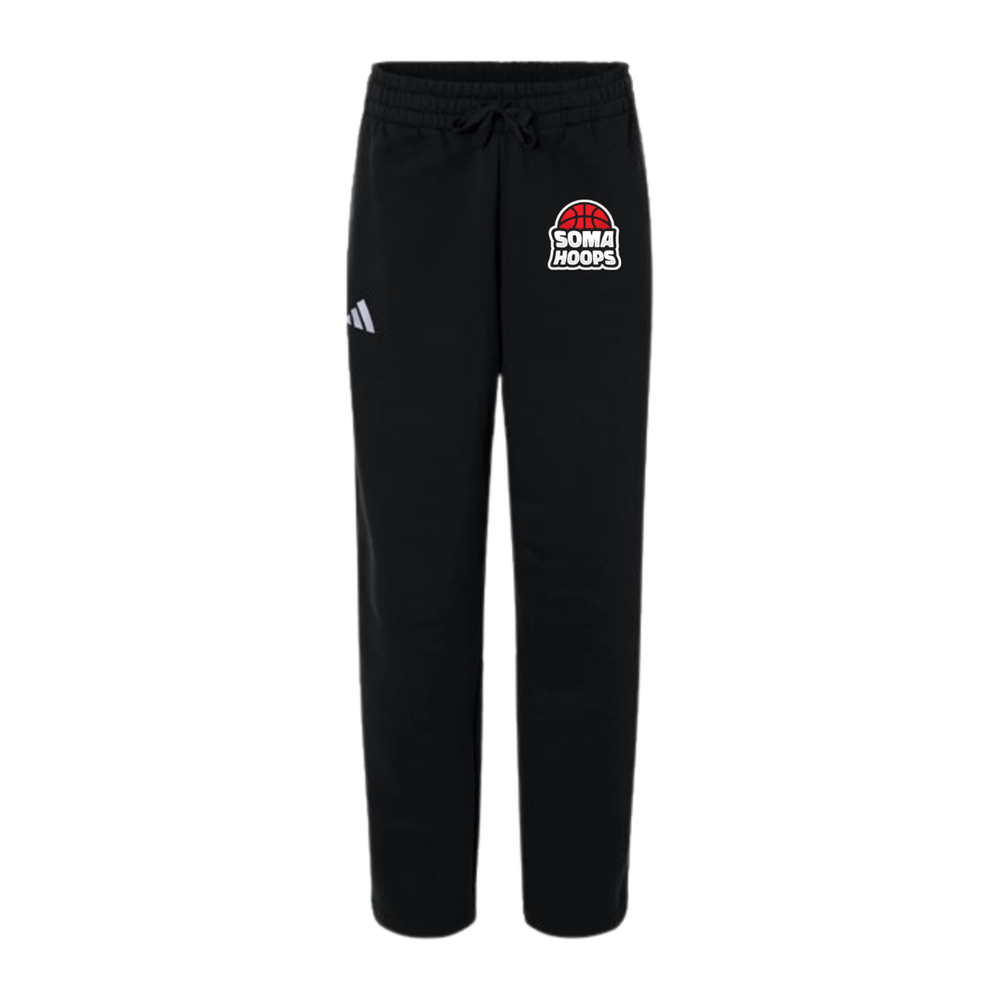 Black and white women's Adidas fleece sweatpants with SOMA Hoops left-thigh decoration