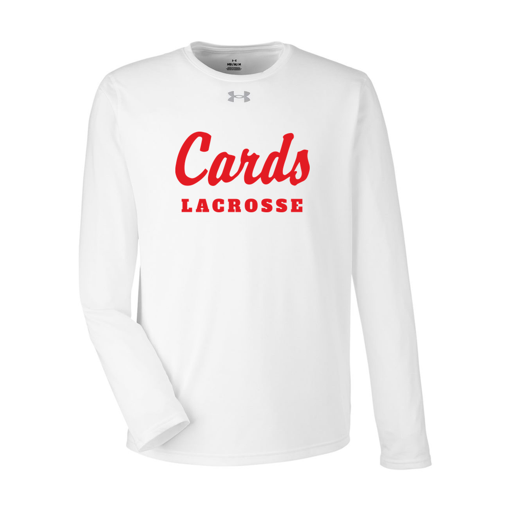 White Under Armour Men's Team Tech Long-Sleeve T-Shirt with Cards Lacrosse script