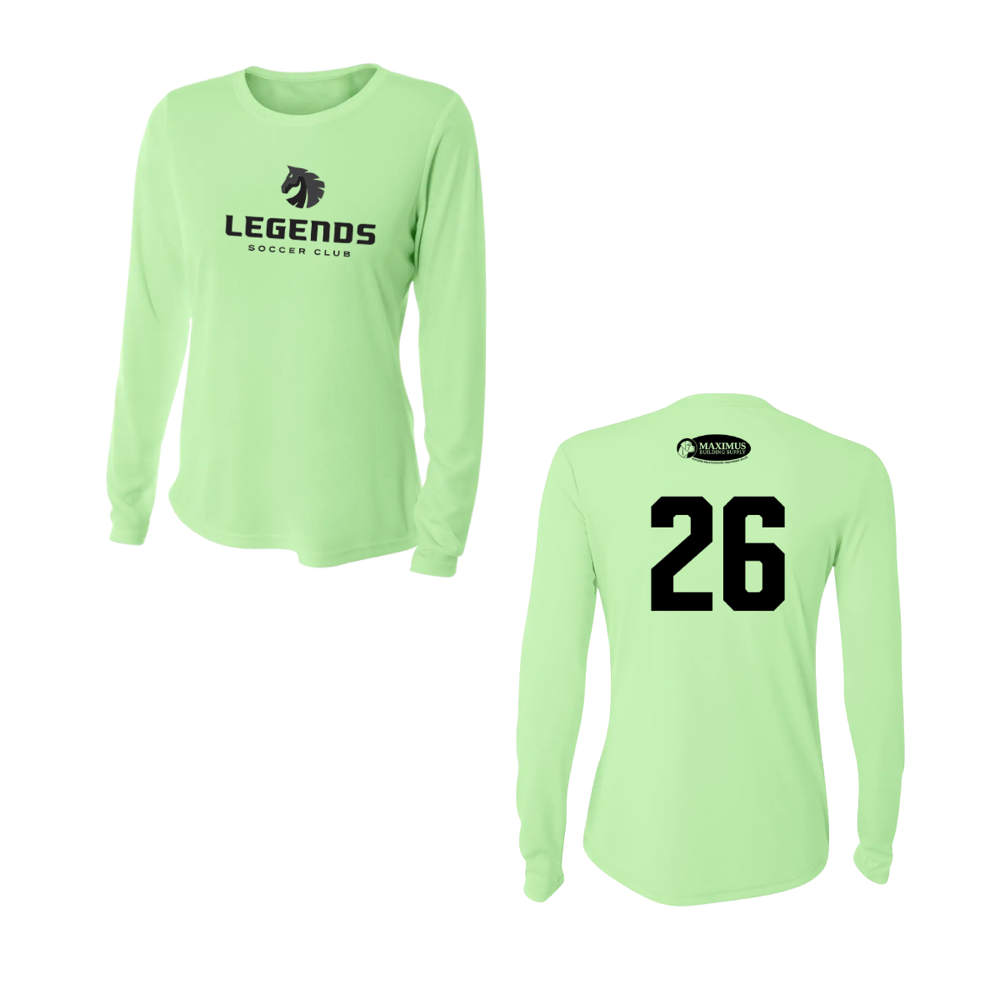 Women's Legends Long Sleeve Practice Shirt — approved front and back Light Lime design