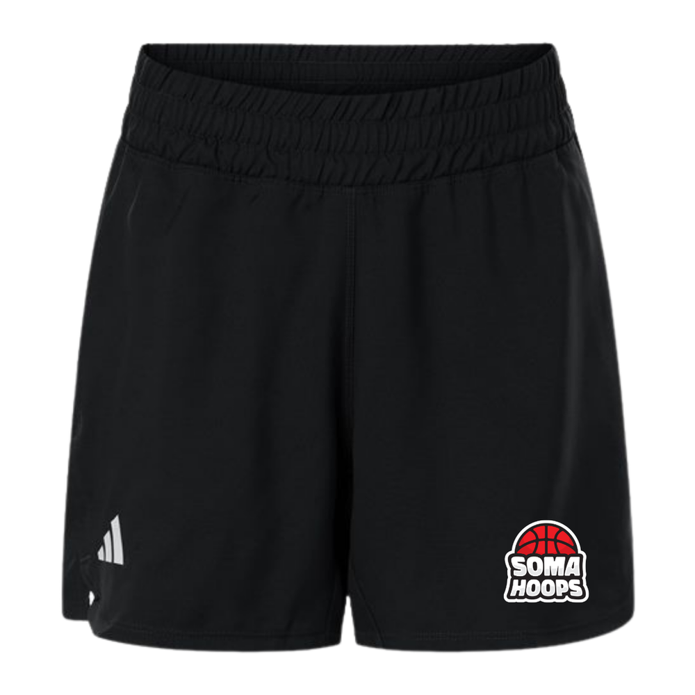 Black and white women's Adidas D4T woven shorts with SOMA Hoops left-thigh decoration