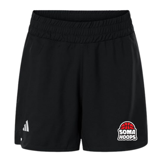 Black and white women's Adidas D4T woven shorts with SOMA Hoops left-thigh decoration