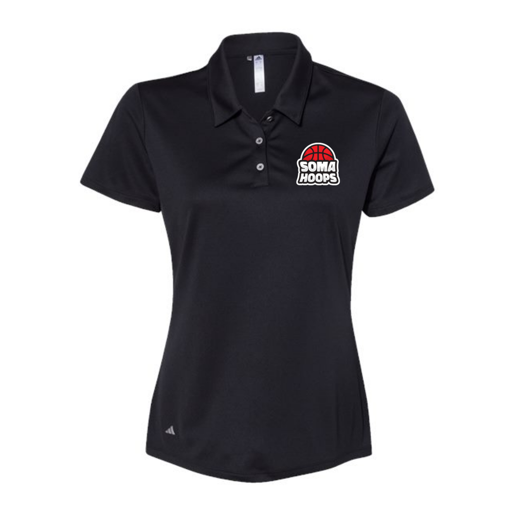 Black women's Adidas performance polo with SOMA Hoops left-chest embroidery