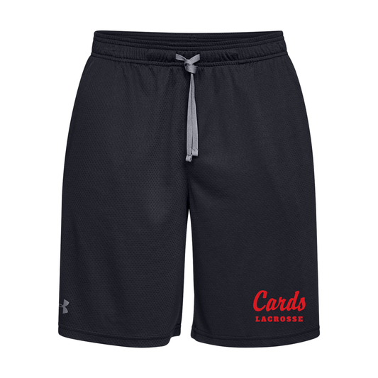Black Under Armour Men's Tech Mesh 9-inch Shorts with Cards Lacrosse script