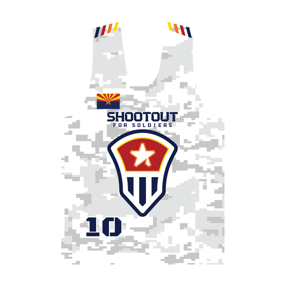 2026 Shootout for Soldiers men’s reversible pinnie, white front view