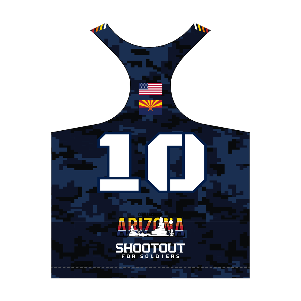 2026 Shootout for Soldiers women’s racerback reversible pinnie, navy back view