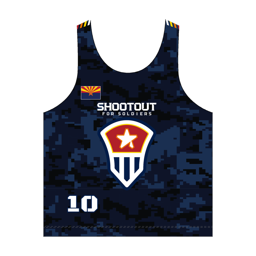 2026 Shootout for Soldiers women’s racerback reversible pinnie, navy front view