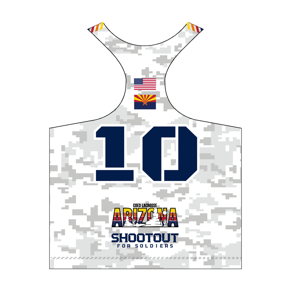 2026 Shootout for Soldiers women’s racerback reversible pinnie, white back view