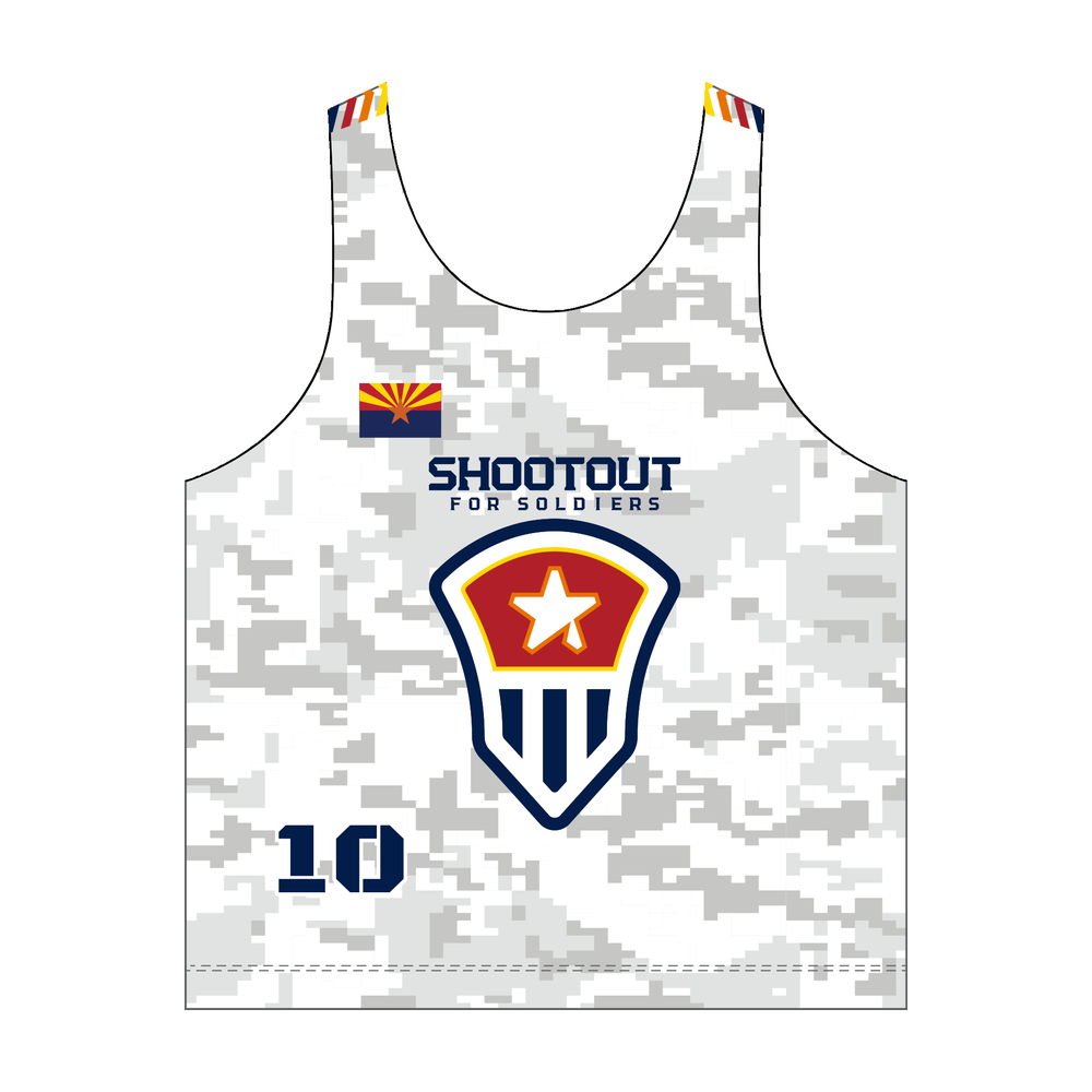 2026 Shootout for Soldiers women’s racerback reversible pinnie, white front view