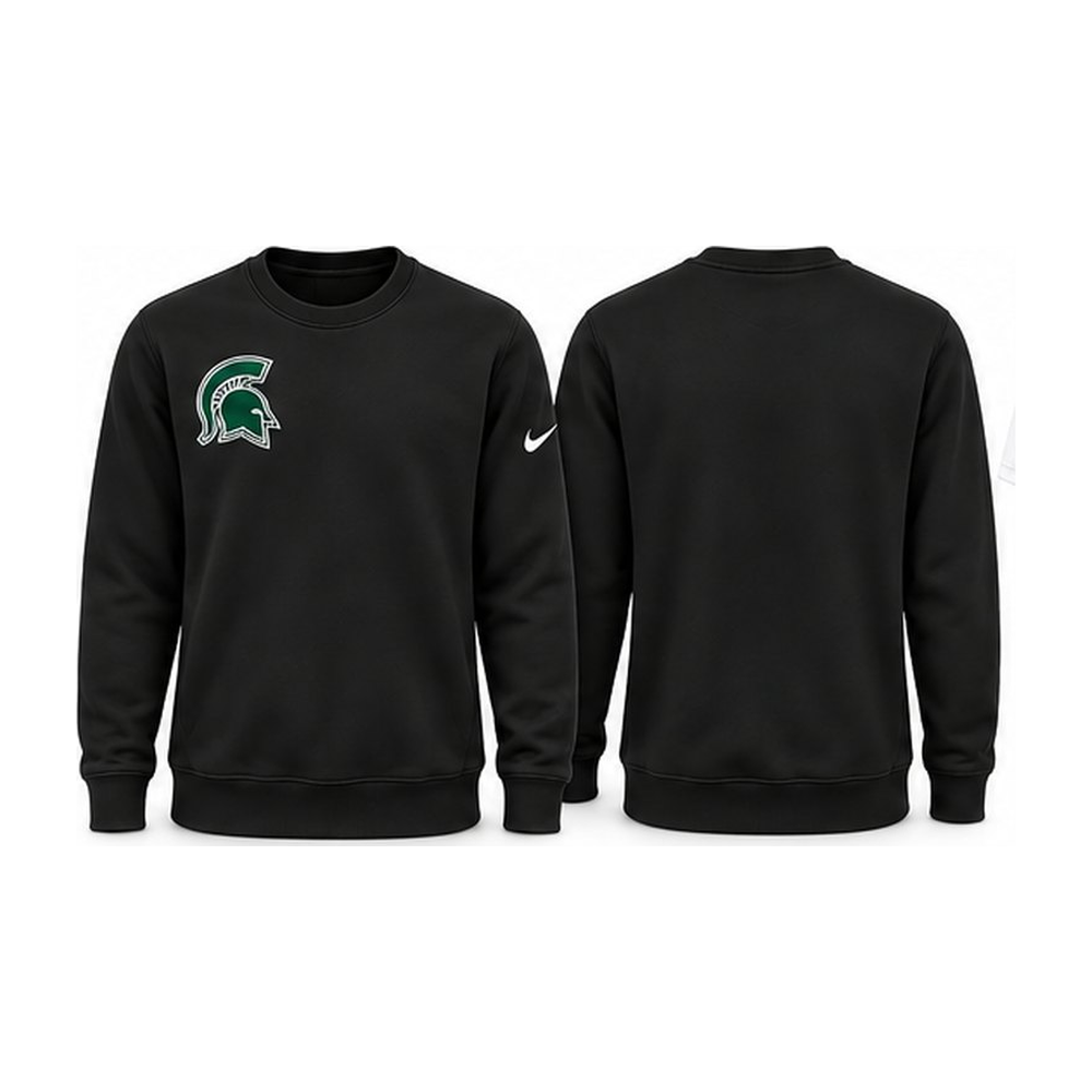 Black Nike Club Fleece crew with green Skyline Spartan helmet on the right chest, front and back