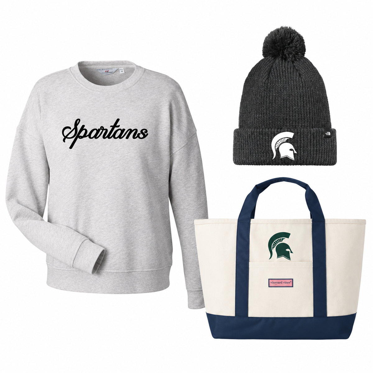 Skyline Sideline Mom Bundle: Women’s Vineyard Vines Crew, Vineyard Vines Captain Tote, The North Face Pom Beanie