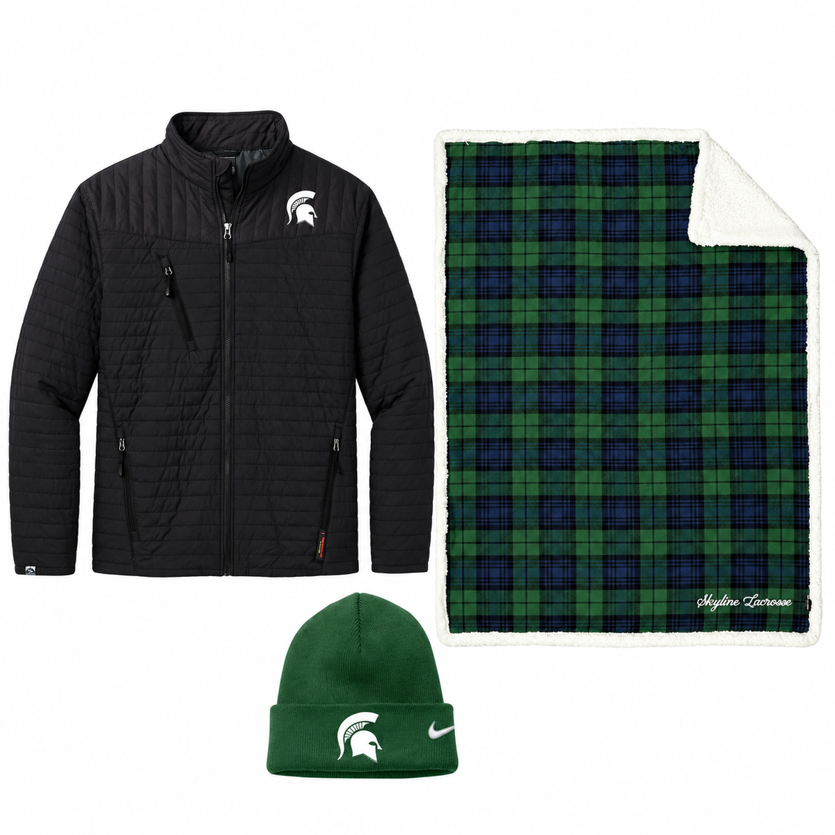 Skyline Game Day Stay Warm Bundle: Storm Creek Front Runner Jacket, Nike Team Cuffed Beanie, Port Authority Flannel Sherpa Blanket
