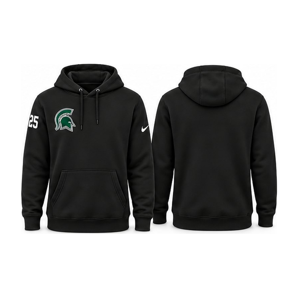 Black Nike Club Fleece hoodie with green Skyline Spartan helmet on the right chest and sample number on the right sleeve, front and back