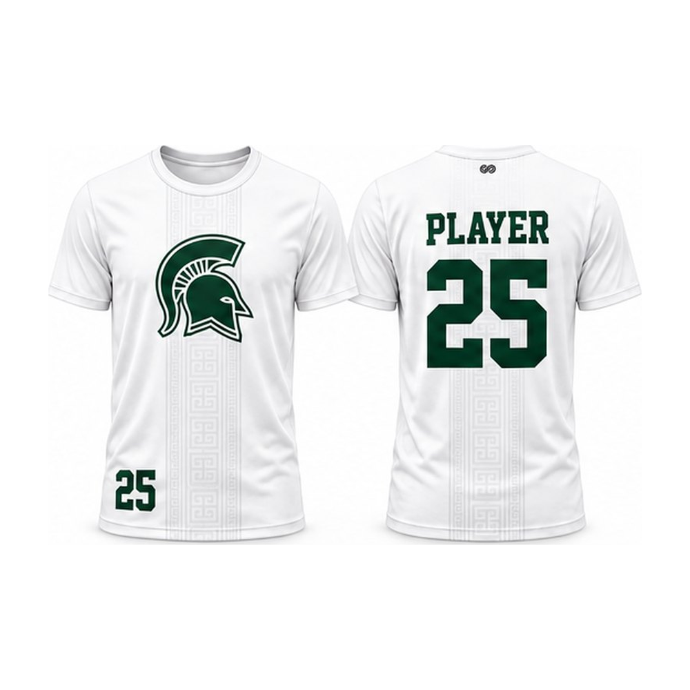 Skyline Spartans white high school shooting shirt with green Spartan helmet, front and back with sample name and number