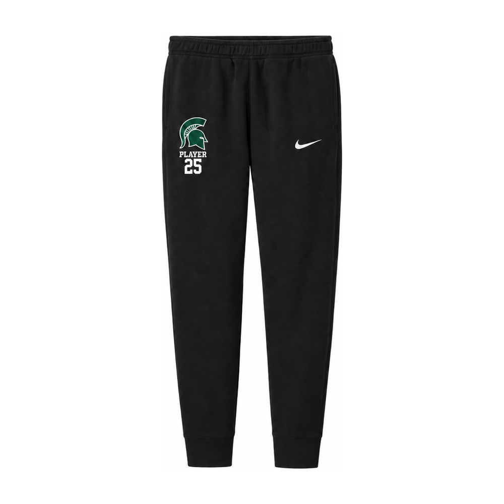 Black Nike Club Fleece jogger with green Skyline Spartan helmet and sample number on the right leg