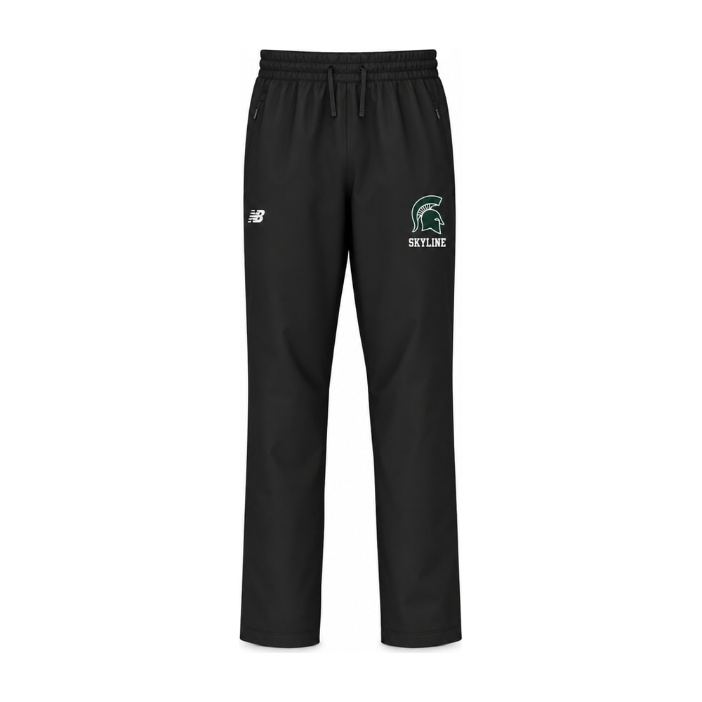 Black New Balance Stratum rain pant with green Skyline Spartan logo on the right leg