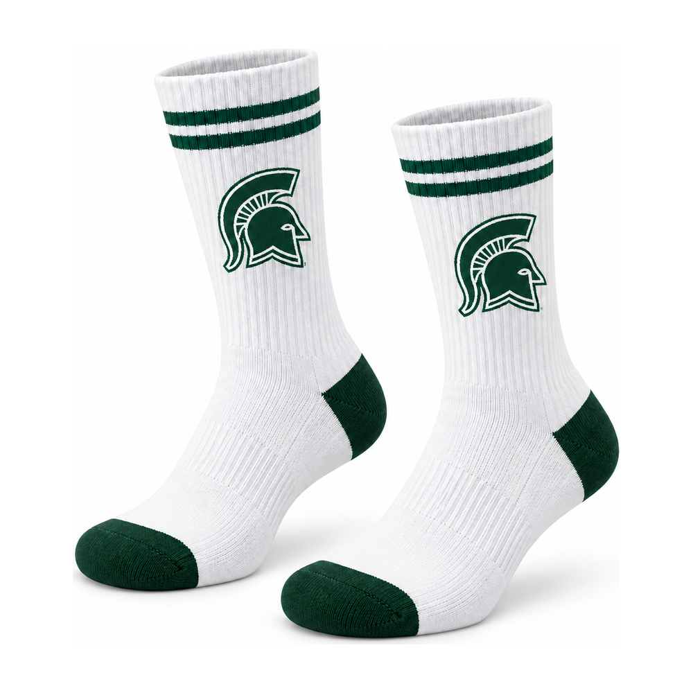 White Skyline Spartans crew socks with green stripes, heel and toe and Spartan helmet