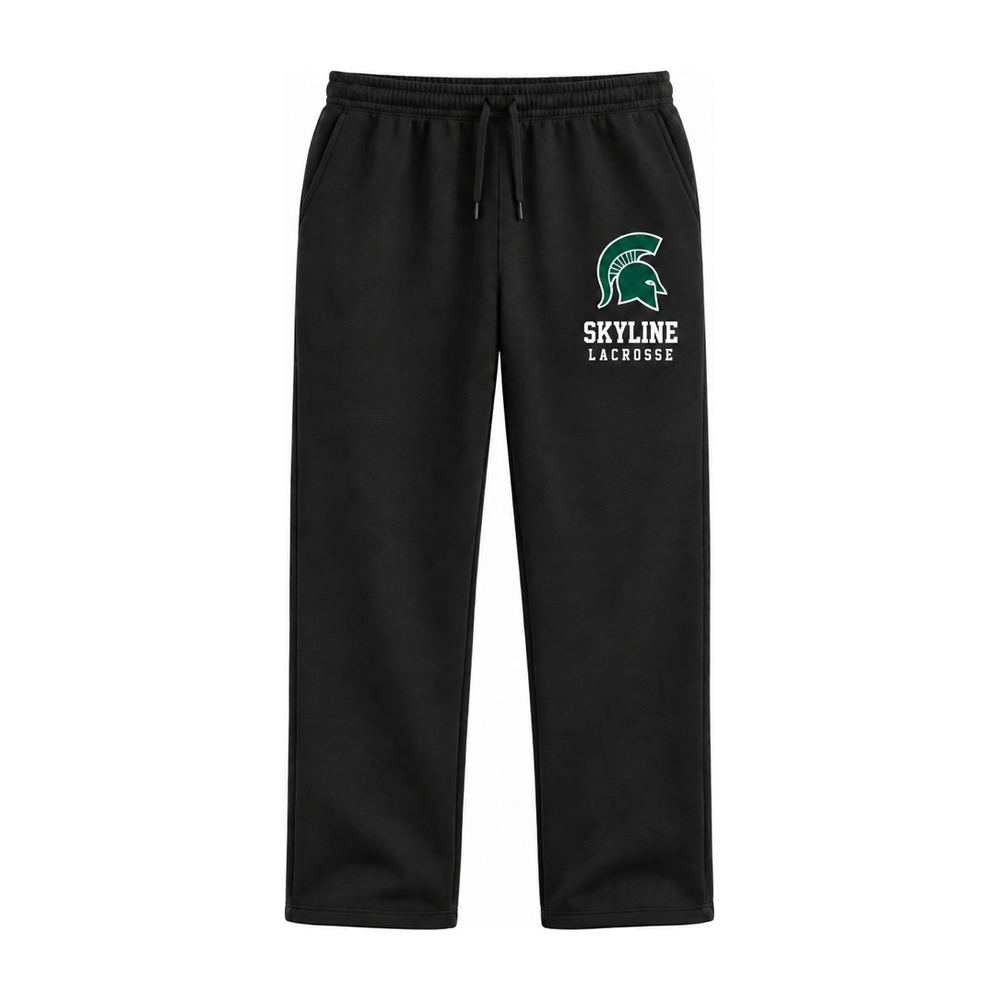 Black fleece sweatpant with green Skyline Lacrosse Spartan logo on the left leg