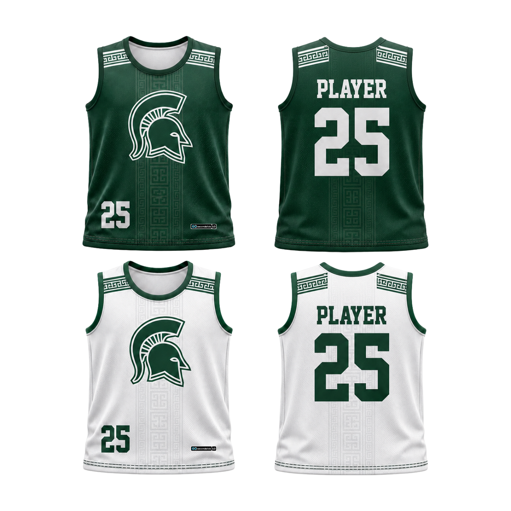 Skyline Spartans green and white youth two-ply game reversible with Spartan helmet and sample name and number