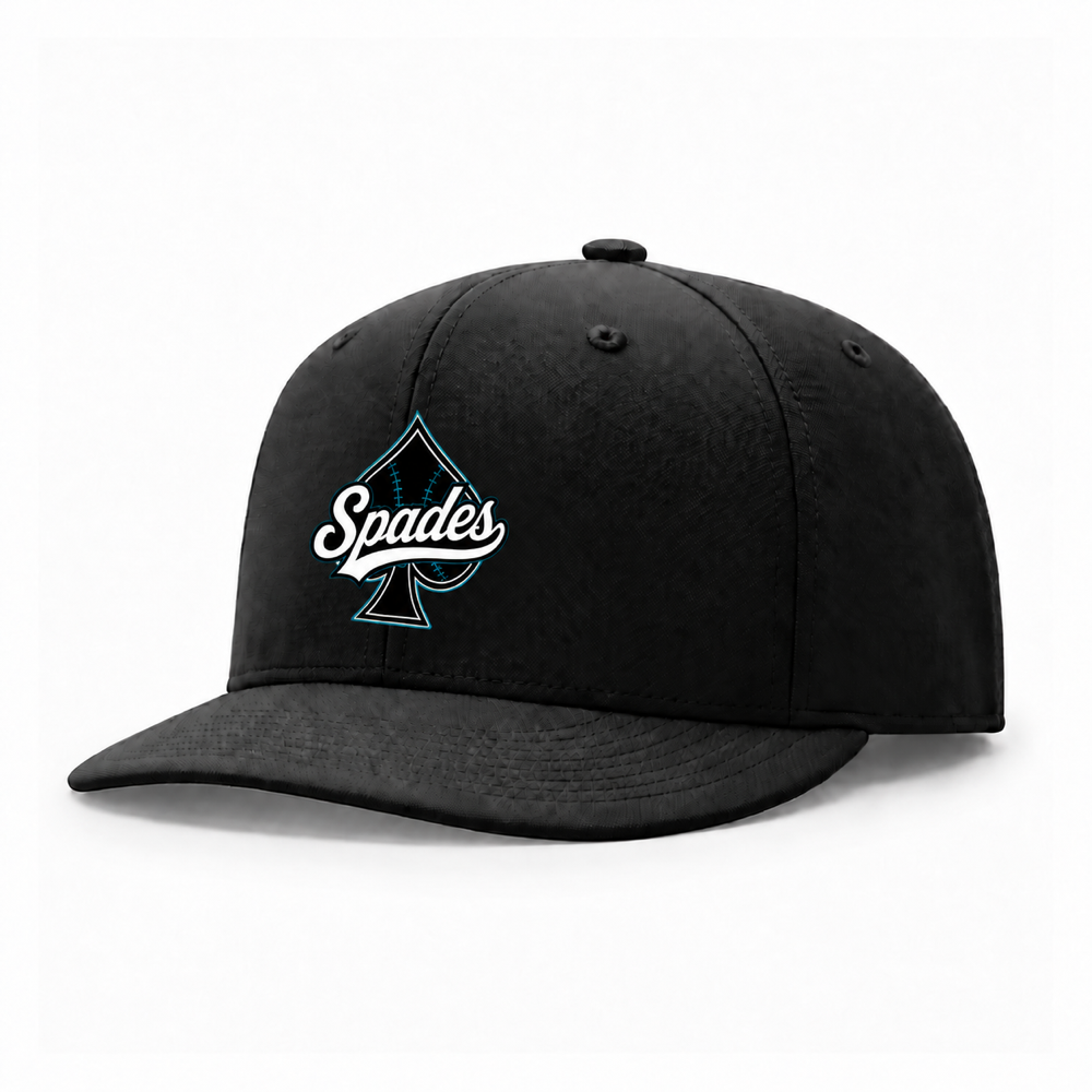 South Bay Spades Richardson 675 player hat — Black with white Spades lettering, balanced logo centered on front seam