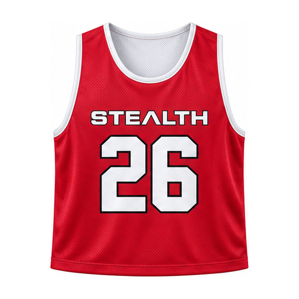Stealth Lacrosse reversible pinnie, red side front with player number