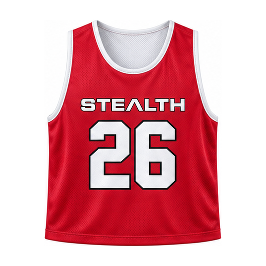 Stealth Lacrosse reversible pinnie, red side front with player number
