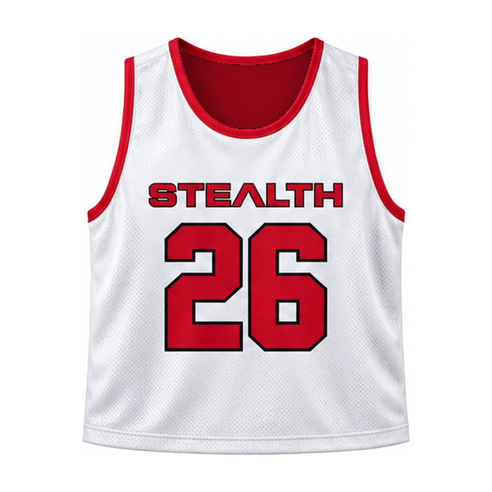 Stealth Lacrosse reversible pinnie, white side front with player number