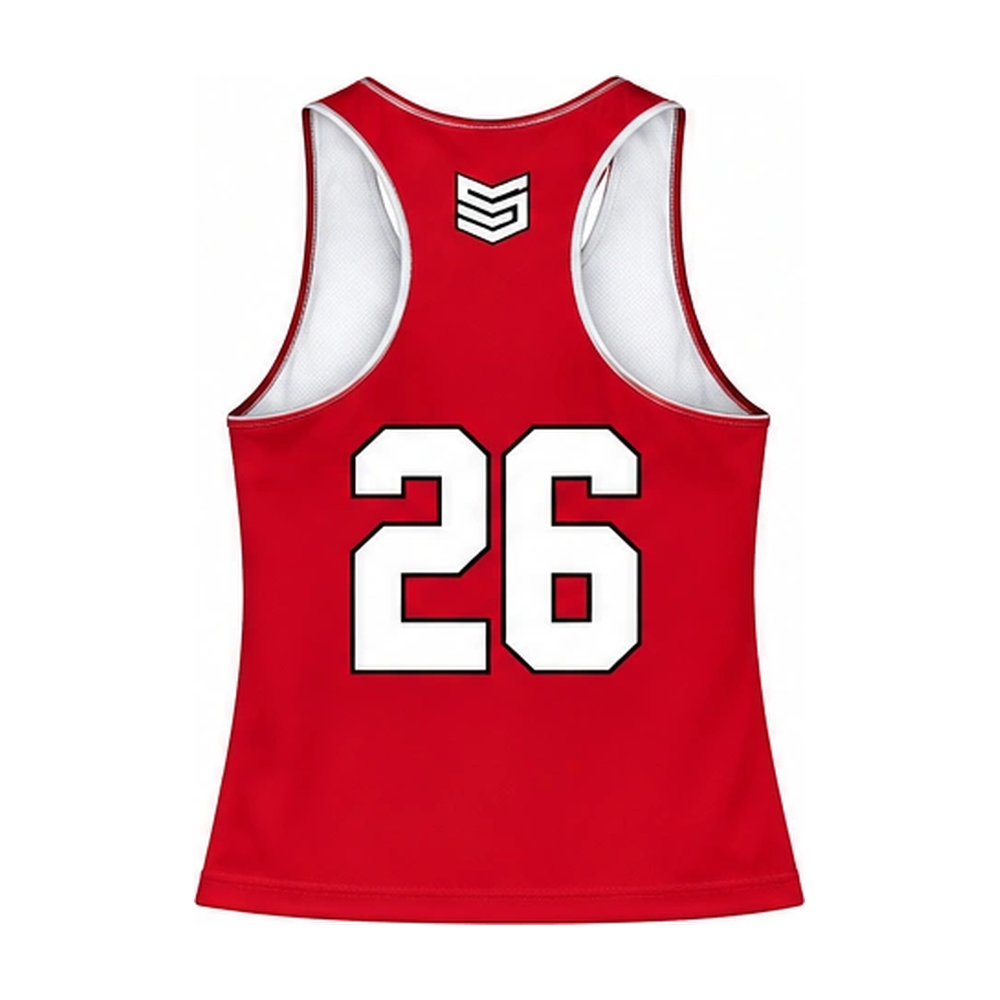 Stealth Lacrosse women’s racerback reversible pinnie, red side back with player number