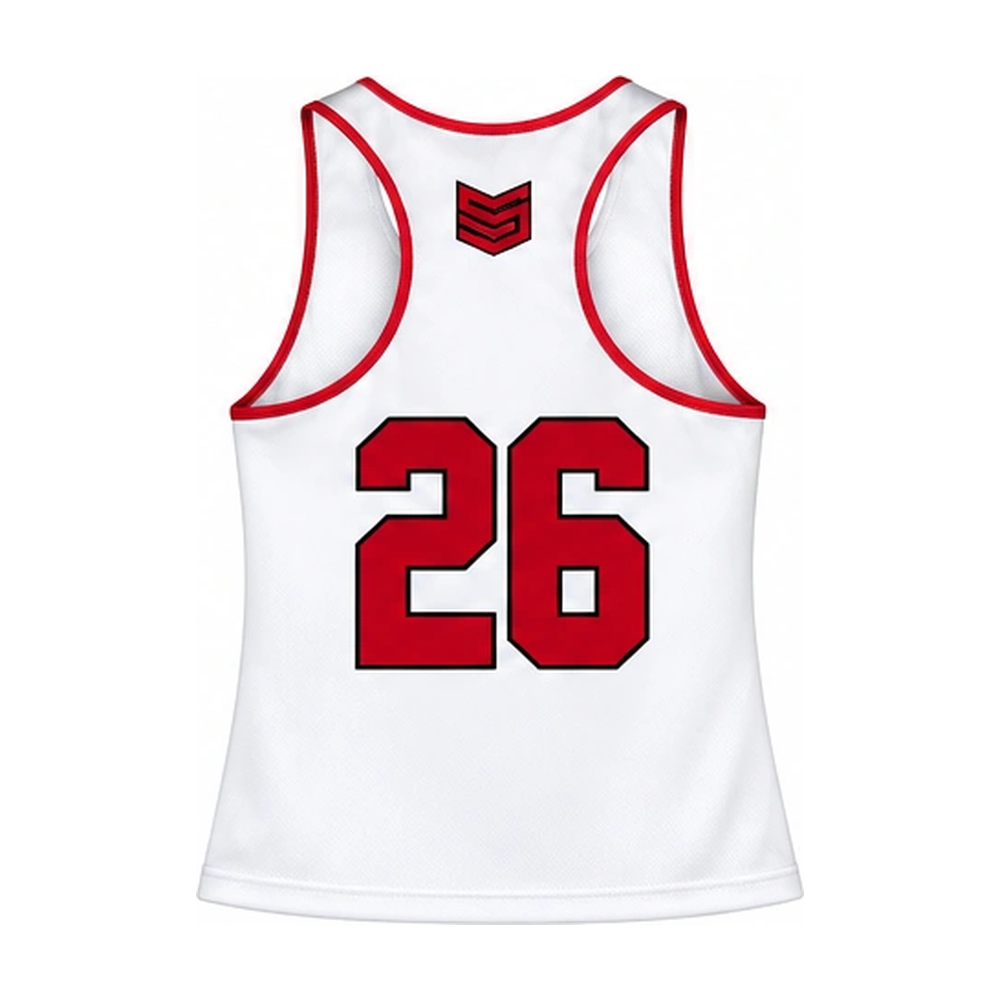 Stealth Lacrosse women’s racerback reversible pinnie, white side back with player number