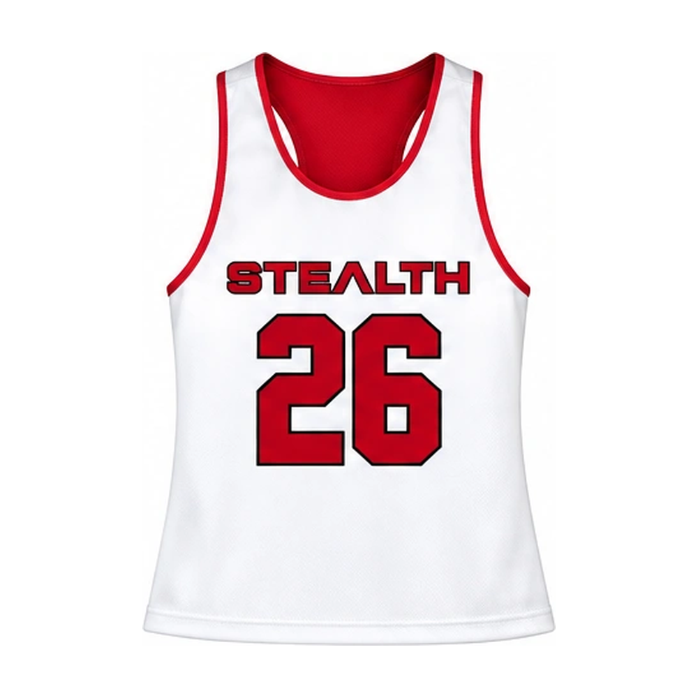 Stealth Lacrosse women’s racerback reversible pinnie, white side front with player number