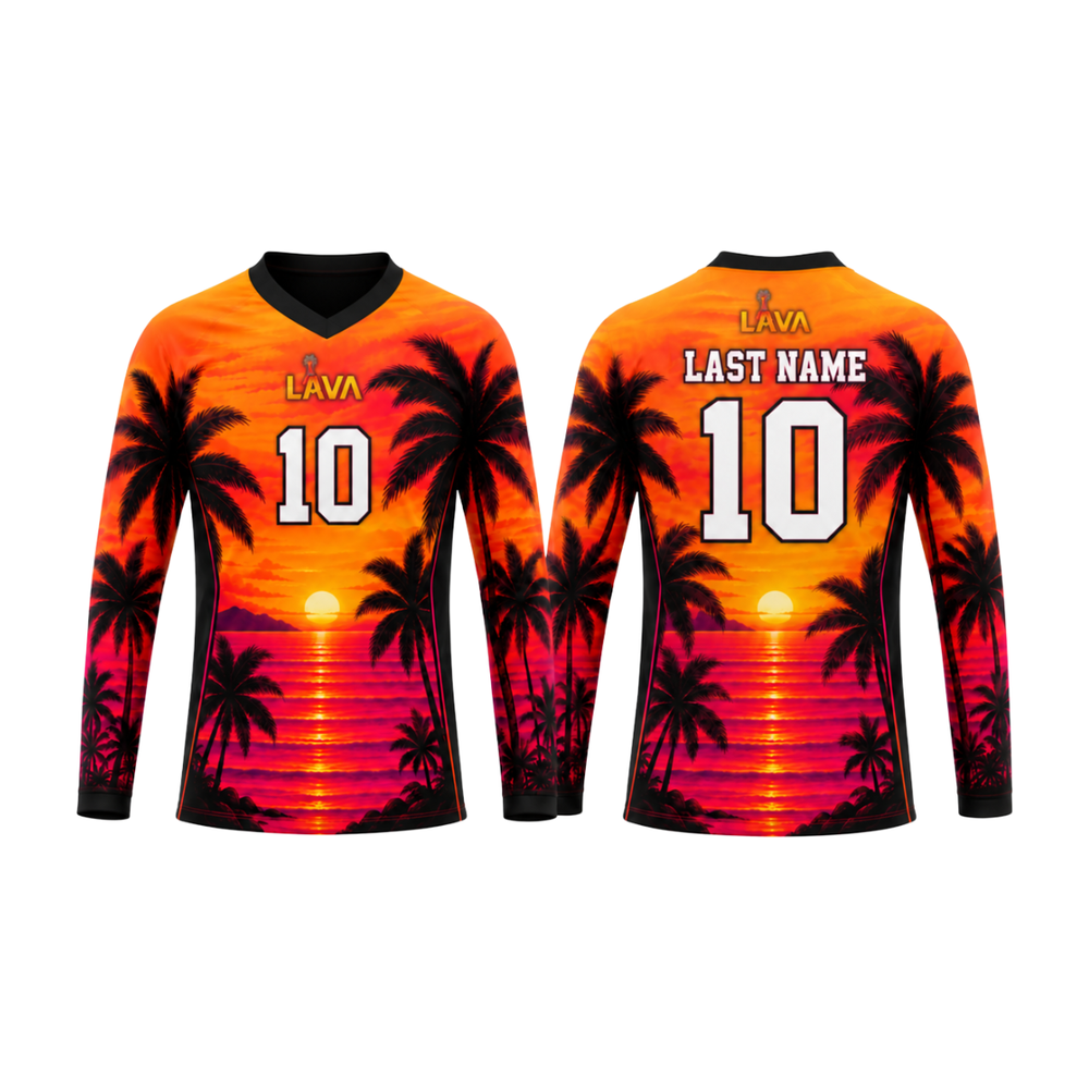 Sunset Long Sleeve Jersey — Living Aloha Volleyball, front and back views