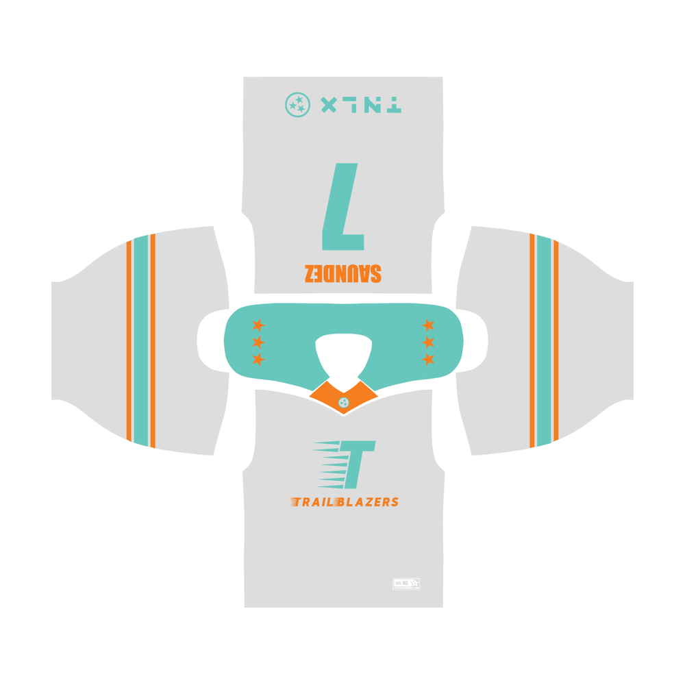 TNLX Peewee box lacrosse jersey by StickStar, light grey with teal and orange