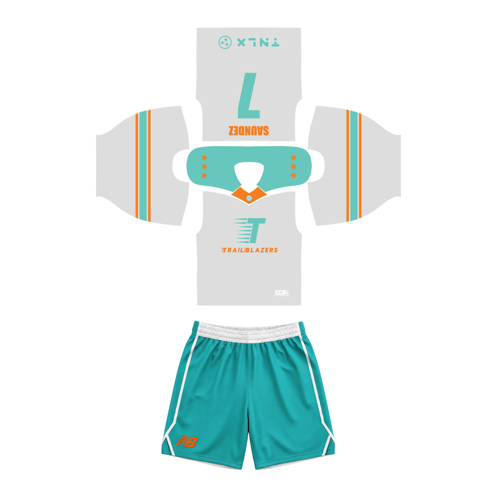 TNLX box lacrosse uniform set: StickStar jersey and teal New Balance Spark shorts