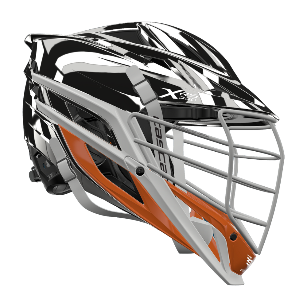TNLX custom Cascade XRS Pro helmet in metallic gunmetal, white, and orange