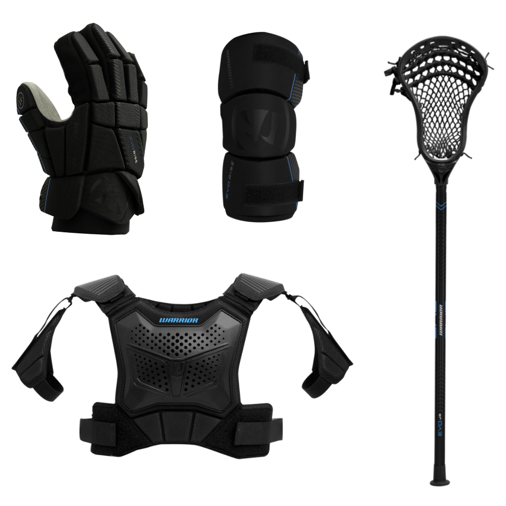 Warrior youth 4-piece starter kit with black stick, gloves, arm pads and shoulder pads