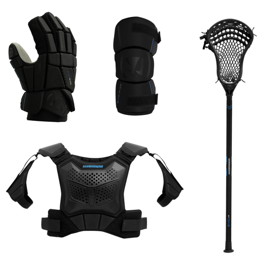 Warrior youth 4-piece starter kit with black stick, gloves, arm pads and shoulder pads